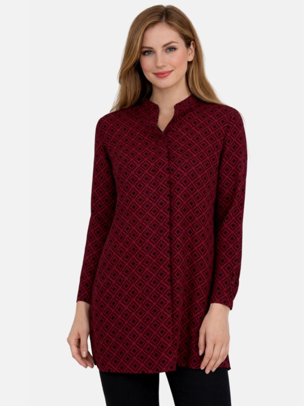 Anne Klein Women's Printed Notch-Neck Nehru Tunic /Red And Black/ Size M